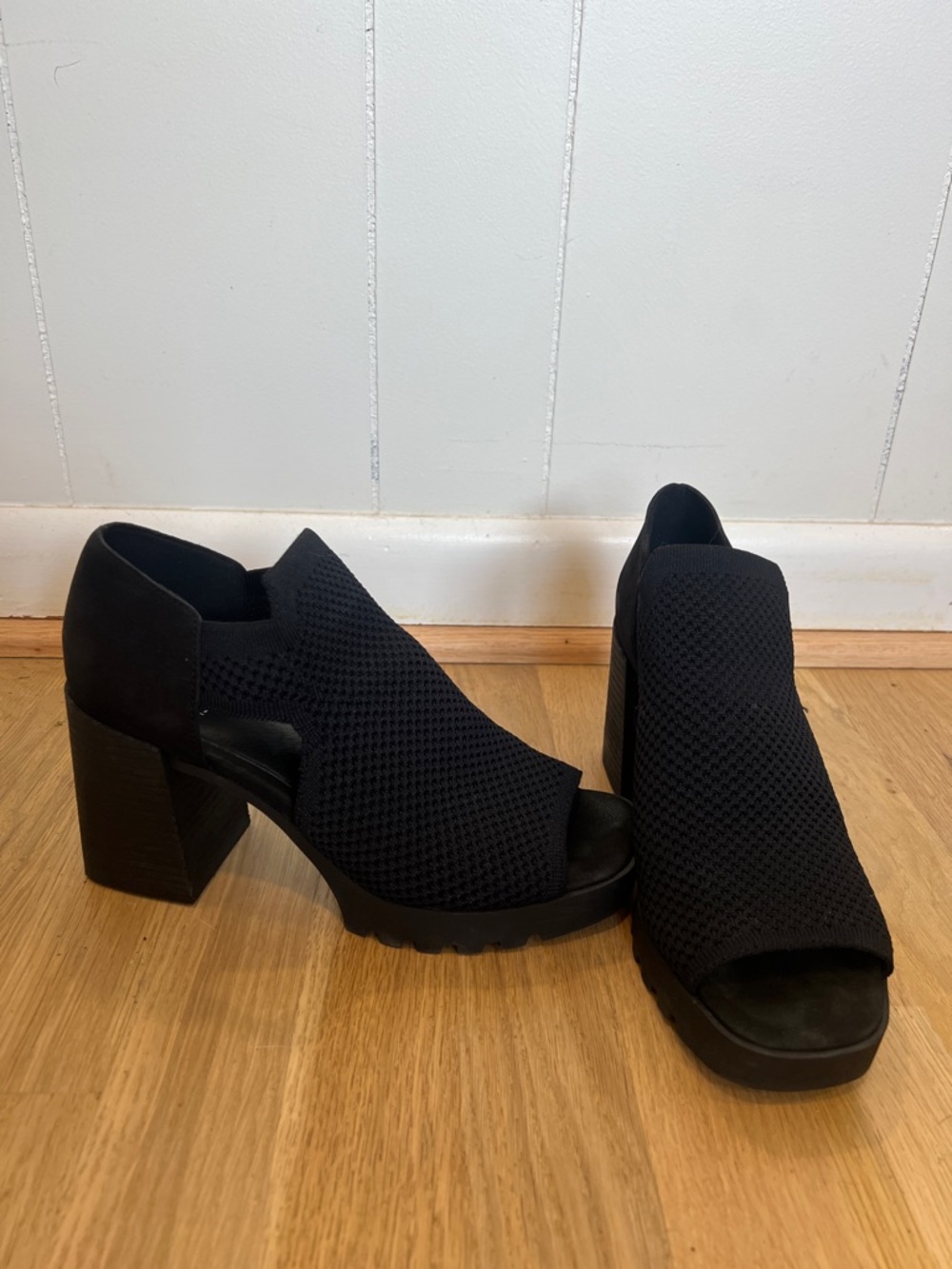 Eileen Fisher Black Knit Peep-Toe Block Heel Sandals